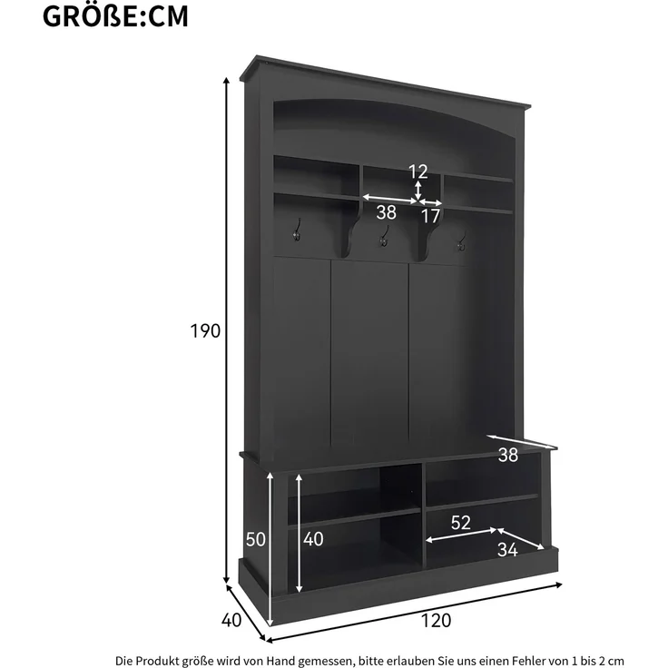 Garderobe mit Sitzbank 120x40x190 cm – Schuhablagen und verstellbare Einlegeböden, Schwarz – Bild 4