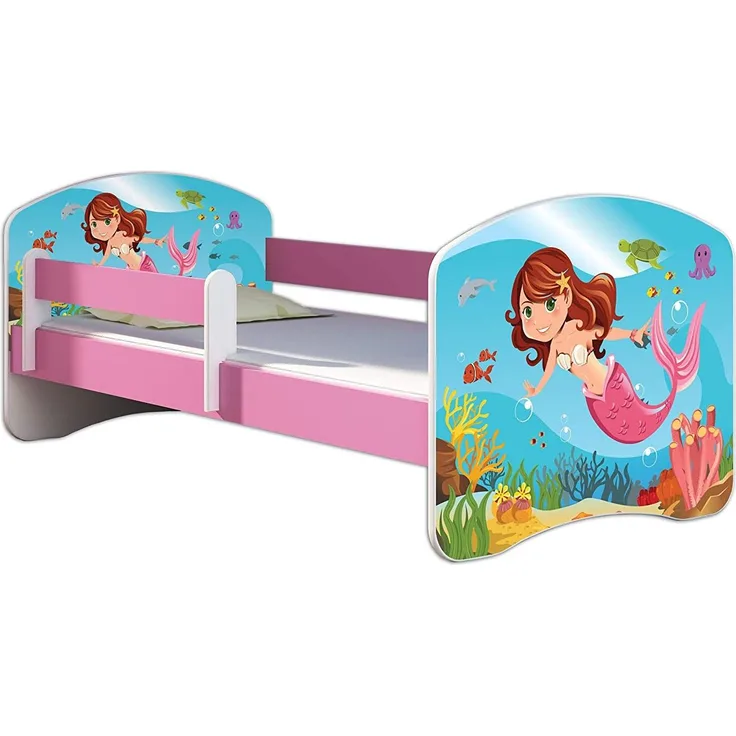 Kinderbett Jugendbett mit einer Schublade und Matratze Rausfallschutz Rosa 70x140 80x160 80x180 ACMA II (09 Meerjungfrau, 70x140 cm)