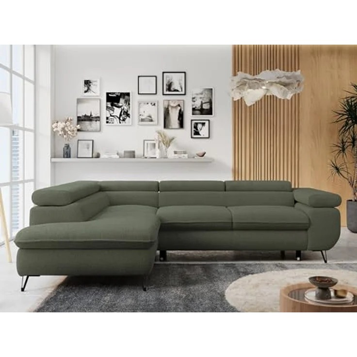 Mks Möbel 'Peter L-form' Ecksofa mit Bettfunktion, Bettkasten & einstellbaren Kopfstützen, Grün, Boucle, links – Bild 3