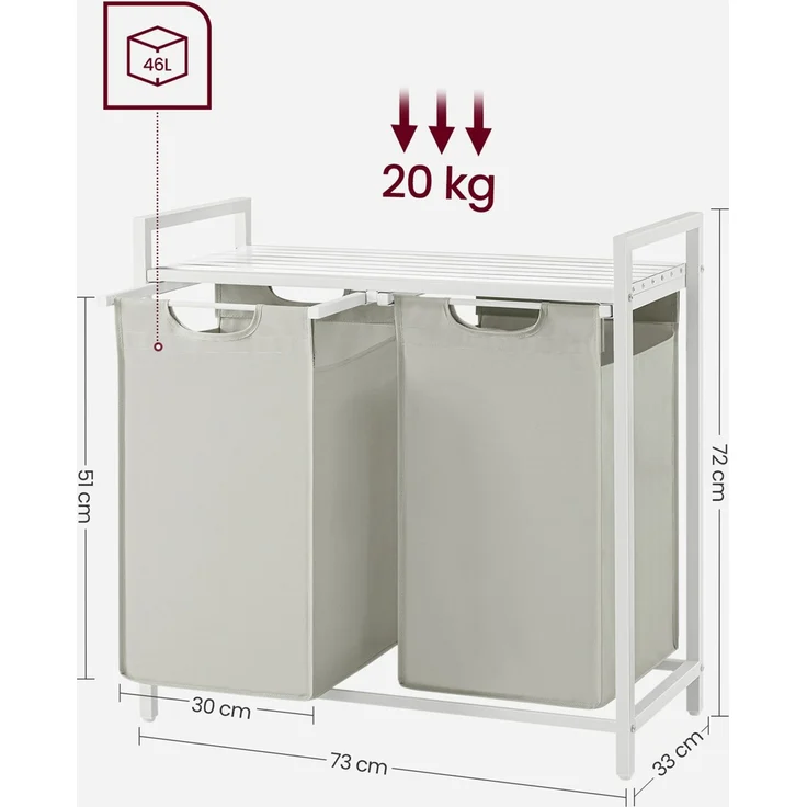 Vasagle Wäschekorb mit 2 Fächer, Metallrahmen Weiß, 2x46 L / 73 x 33 x 72 cm – Bild 9