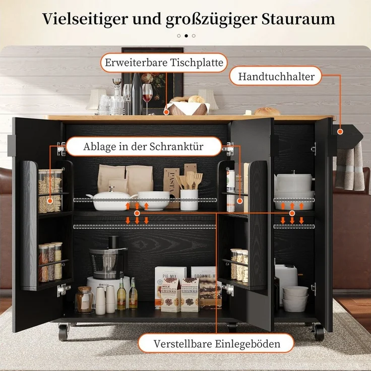 Celya Kücheninsel Kücheninsel, Speisewagen mit Holzmaserung, Ausziehbarer Küchenwagen, (3 Türen, schwarz), Buffet, 130x45(75)x92cm, Gewürzregal, Trennwände verstellbar – Bild 4