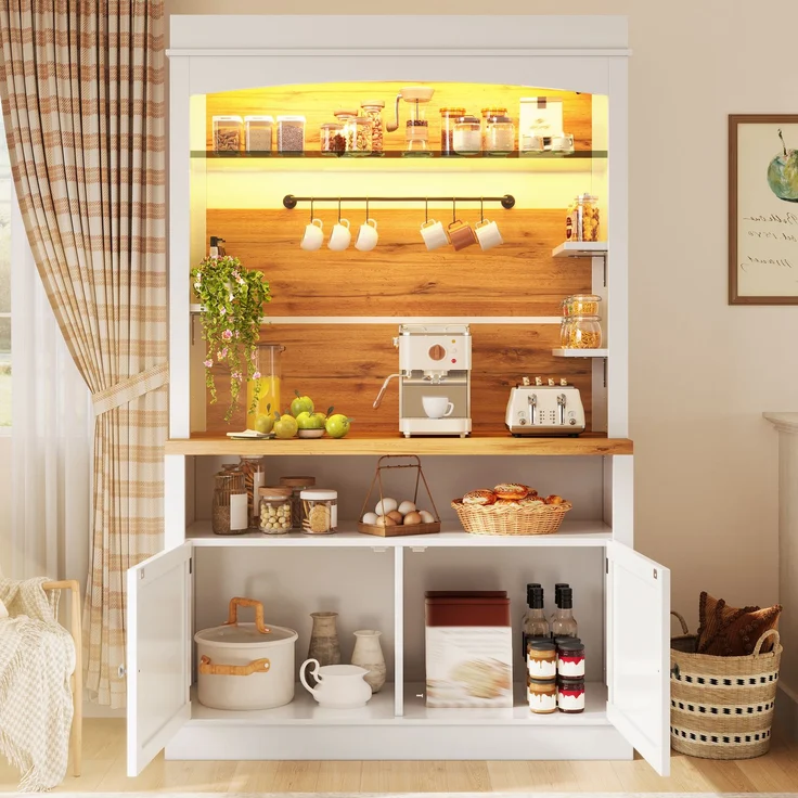 EINHOM Set mit 2 Hochschränken mit LED-Beleuchtung, 184 cm hoher Buffetschrank mit Glasregal & Hakenleiste, Weiß, Belastbar bis 60kg – Bild 4