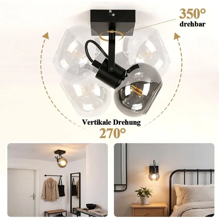 Nettlife Deckenstrahler 1/2/3/4 flammig schwarz Vintage Deckenspot Rauchgrau Glas E14, 350° Schwenkbar, ohne Leuchtmittel, Deckenspot Retro für Schlafzimmer, Flur, Küche Wohnzimmer – Bild 2