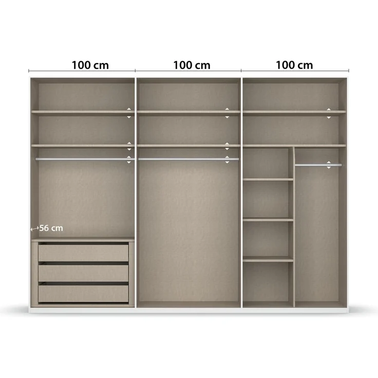 rauch Montclar Kleiderschrank 6-türig, mit 9 Einlegeböden, 3 Kleiderstangen, 1 Schubkasteneinsatz, 1 Inneneinteilung, 1 Innenspiegel, 1 Krawattenhalter, Farbe Weiß, BxHxT 301x223x60 cm – Bild 6