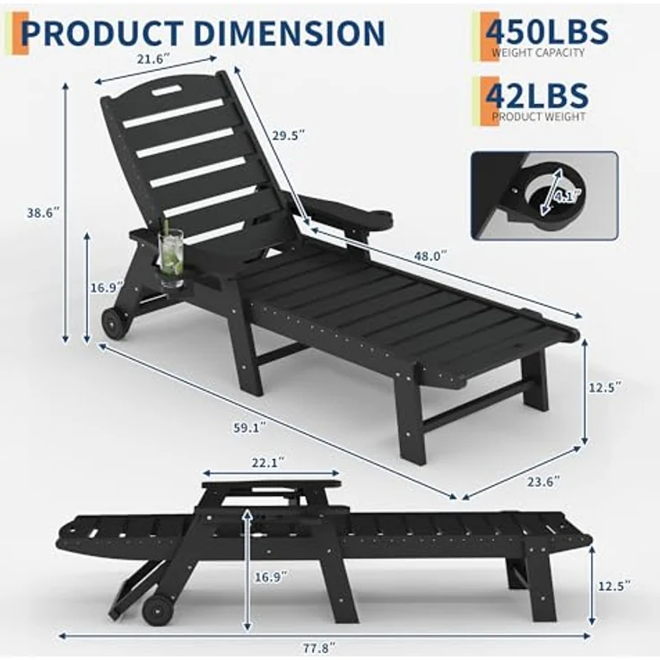 GarveeHome Wetterfeste Gartenliege Aus HDPE, Sonnenliege Mit Verstellbarer Rückenlehne Und Getränkehalter, Lange Poolliege, Für Pool, Strand Und Garten, 150x60x98cm (1 Stück) – Bild 2