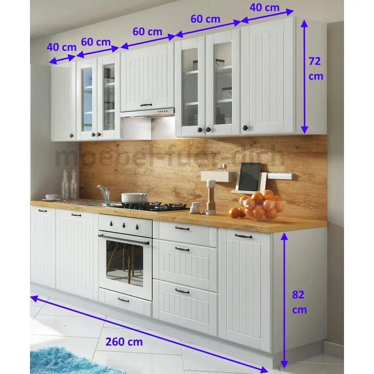 Möbel für Dich Küchenzeile Landhaus Einbauküche LORA 260 cm im Landhausstil 10-teilig, Fronten in weiß, Beige oder Grau – Bild 3