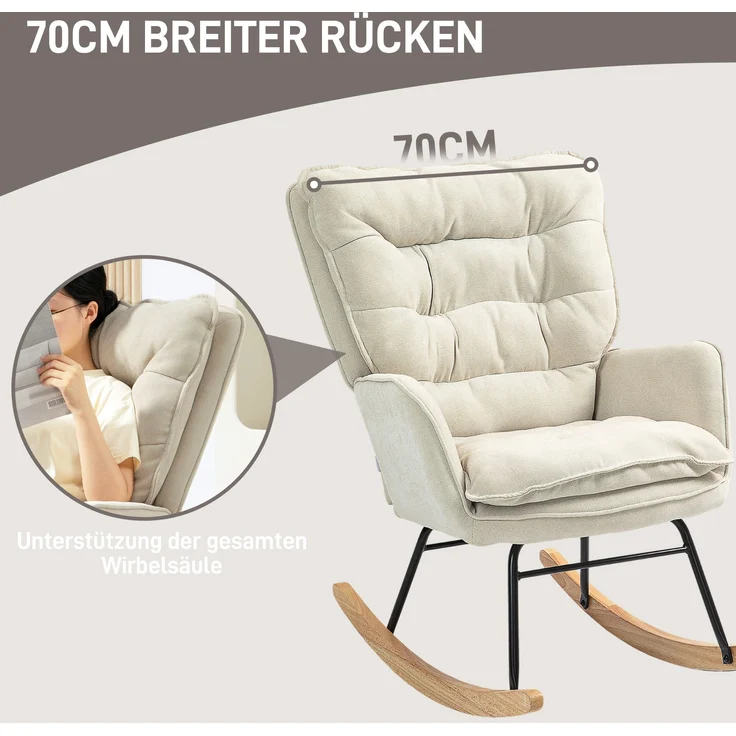 Schaukelstuhl mit Holzkufen Chenille Bezug Ergonomische Rückenlehne 120 kg Tragkraft Beige – Bild 3