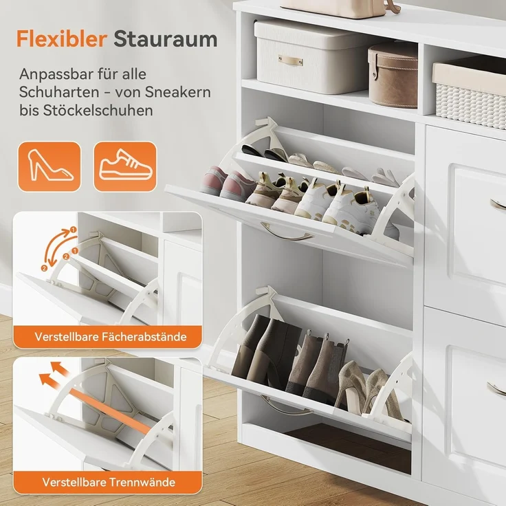 Sweetcrispy Schuhschrank mit 4 Klappen, schmaler & moderner Schuhkipper mit offenen Ablagefächern, verstellbare Trennwände, für Eingang/Flur, 104×24×90 cm, Weiß – Bild 5