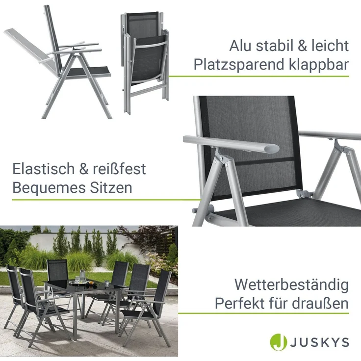 Juskys Aluminium Gartengarnitur Milano Gartenmöbel Set mit Tisch und 6 Stühlen Silber-Grau mit schwarzer Kunstfaser Alu Sitzgruppe Balkonmöbel – Bild 4