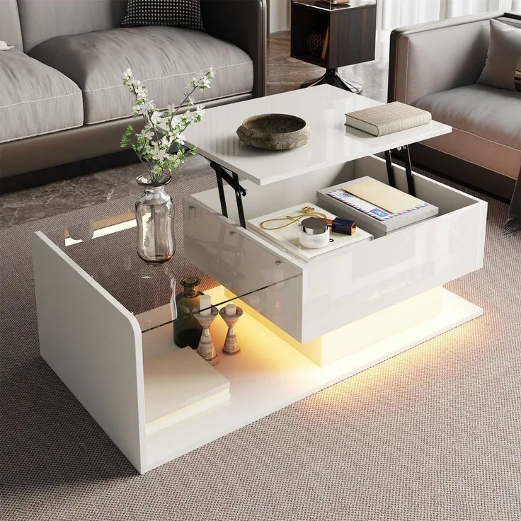BlingBin Couchtisch (1-St, Höhenverstellbarer Couchtisch mit Ausziehbarer Ablage und Stauraum), LED-Beleuchtung für Ihr Wohnzimmer, 100×50×33CM