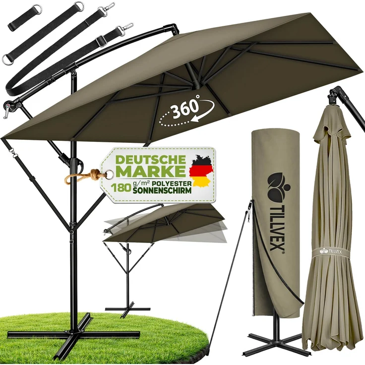 tillvex® Alu Sonnenschirm Rechteckig Ø 330 cm Braun + Abdeckung mit Kurbel | Ampelschirm Eckig mit Ständer & Windschutz | Gartenschirm UV-Schutz Aluminium | Kurbelschirm Marktschirm wasserdicht 360° drehbar – Bild 1