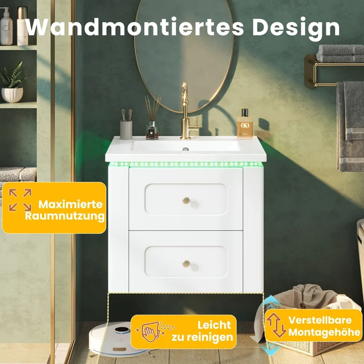 Wandhängender Badschrank 61 x 47 x 50 cm aus MDF mit Keramikwaschbecken, LED und verstellbarem Einlegeboden – Bild 7