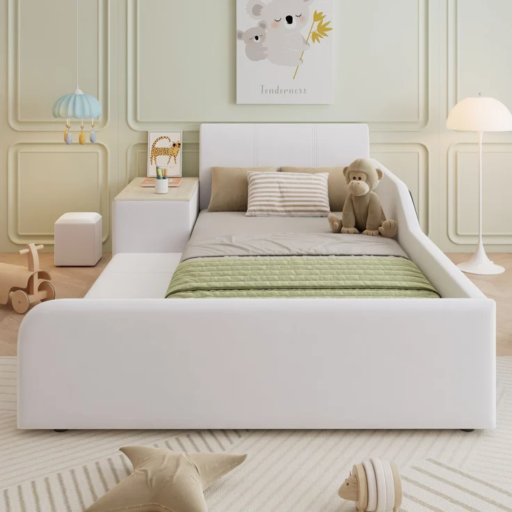 Polsterbett, Einzelbett mit Kinderschreibtisch und Hocker, Mit Ablageboden, Weiches Kopfteil, Kinderbett mit Holzlatten, Samt, Weiß, 90x200 cm – Bild 5