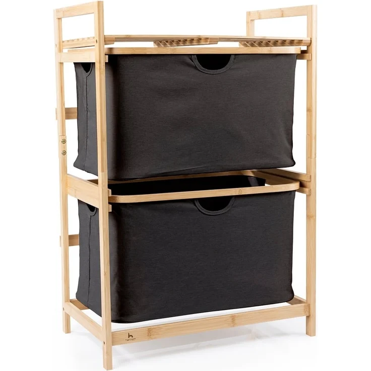 HENNEZ Badezimmerregal 2 Fächer | Bambusregal mit Ablage und 2 Körben | Badregal mit Schubladenboxen | Standregal – ideal als Kommode & Wäschesammler | Wäschesortierer mit Stoff Schubladen | Holzregal – Bild 1