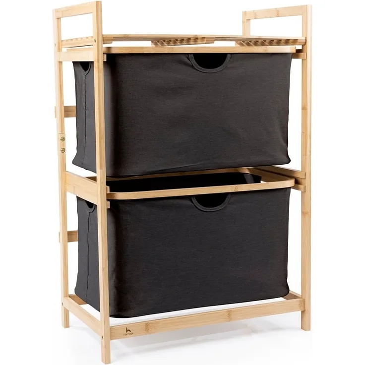 HENNEZ Badezimmerregal 2 Fächer | Bambusregal mit Ablage und 2 Körben | Badregal mit Schubladenboxen | Standregal – ideal als Kommode & Wäschesammler | Wäschesortierer mit Stoff Schubladen | Holzregal