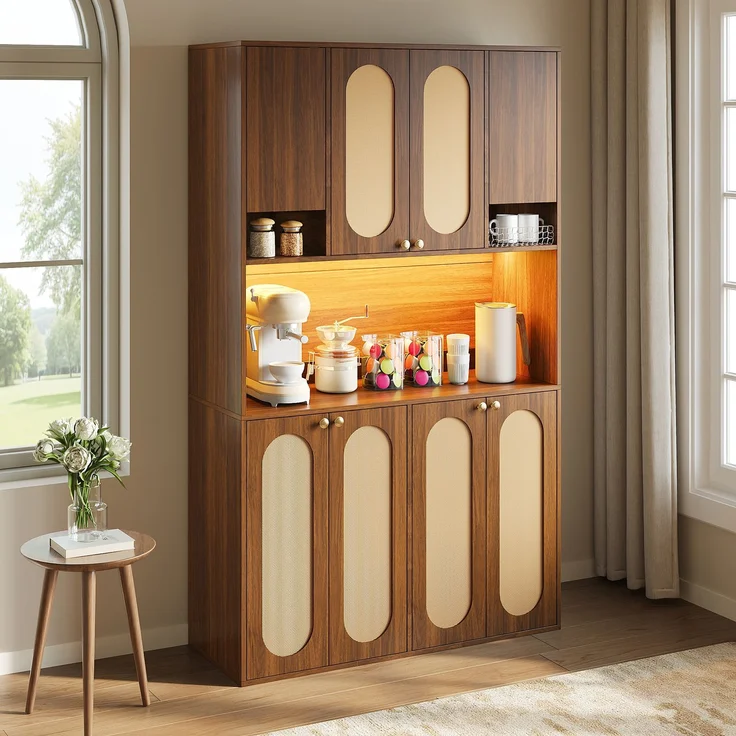 ZUBALIYA Sideboard (106 x 40 x 178 cm), LED - Beleuchtung, Gedämpftes Schließen, Fronten in Flechtoptik, Naturfarben – Bild 10