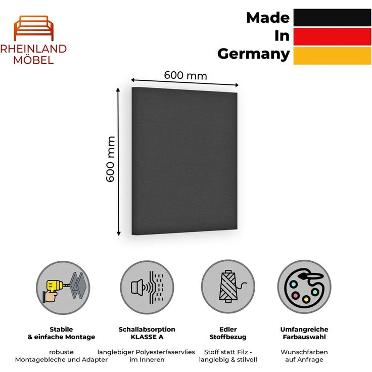 Rheinland Möbel FocusWall WAQ0606 – Quadratischer Akustik-Wandabsorber 60×60 cm in Stofffarbe Blizzard inkl. Montage-Set - Made in Germany - Klasse A, Stoffbezug, schwer entflammbar – Bild 2