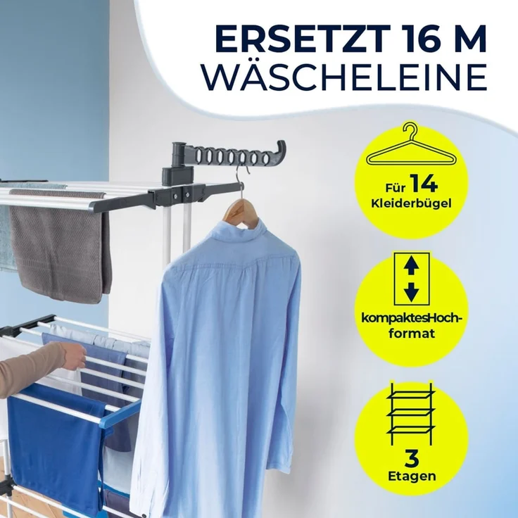 EASYmaxx Klappbarer Wäscheständer | Effizientes Trocknen mit 3 Ebenen, 2 Seitenflügeln & leichtem Aufbau | Platzsparend, vielseitig und mobil für drinnen und draußen, Grau/Weiß – Bild 2