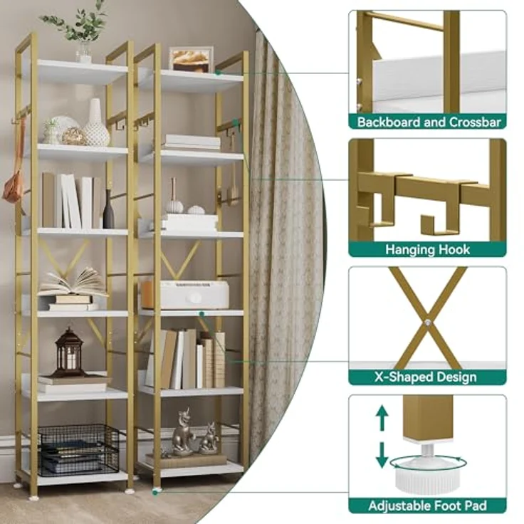 YITAHOME Bücherregal mit 6 Ebenen, Industrielles Standregal, Metallrahmen und Holzregale, Hohes Lagerregal mit 4 Haken, Präsentationsorganizer, für Wohnzimmer, Heimbüro, Gold Regal – Bild 5