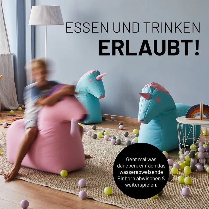 Lumaland Sitzsack Kinder Einhorn Kissen Tier 85x70x45 cm, kuscheliges Sitzkissen, Unicorn Motiv, pflegeleicht – Bild 2