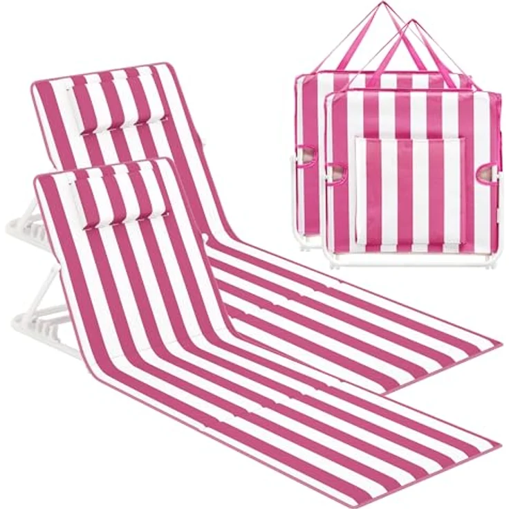 SONGMICS Strandstuhl, 2er Set, Campingstuhl, Sonnenliege, Strandliege, klappbar, verstellbare Rückenlehne, leicht tragbar mit Griff, für Camping, Garten, Pool, 158x55 cm, pink-weiß gestreift – Bild 2