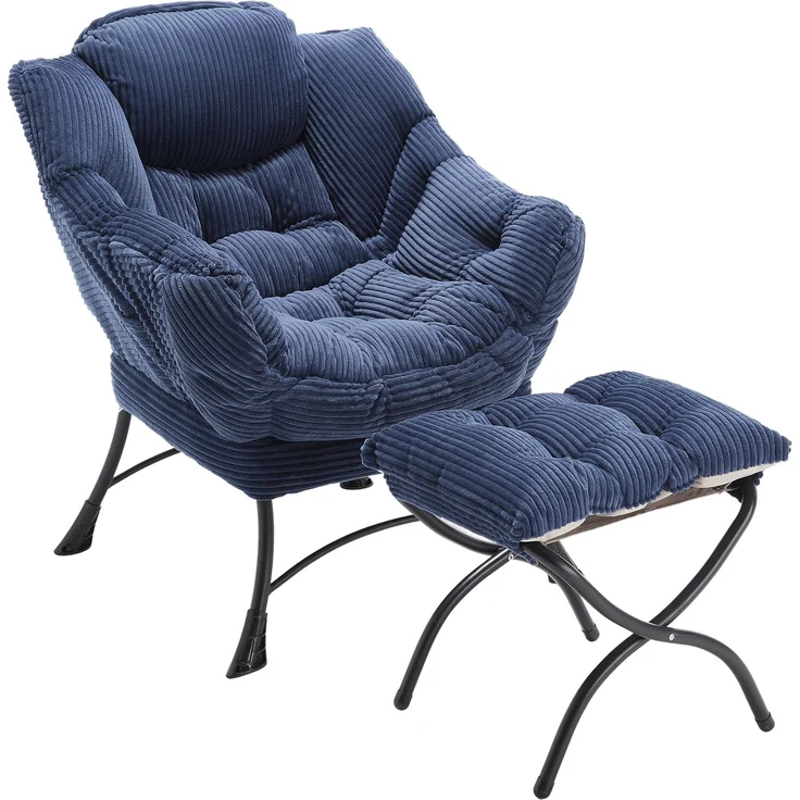 LVHOM Relaxsessel mit Hocker, Loungesessel mit Seitentasche, Lesesessel aus Cordstoff, bequem gepolstert, Metallgestell, bis 180kg belastbar, Blau – Bild 2