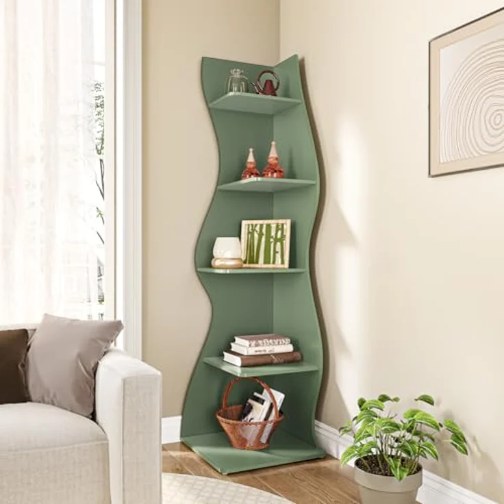 LITTLE TREE Bücherregal Ecke, Modernes Regal Schmal mit 6 Ebenen, 50 x 48 x 179 cm Bücherregal Holz, Standregal mit Wellen-Design für Kleine Räume, Wohnzimmer & Schlafzimmer, Grün, 2er Pack – Bild 8