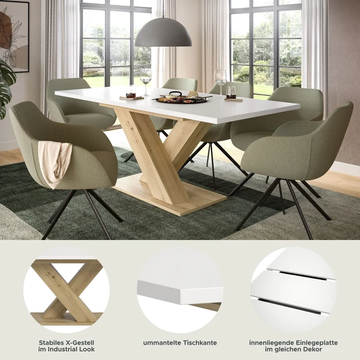 Kulissen-Esstisch >Motion< ausziehbar 190cm, weiß / artisan Dekor - 150/190x76x90cm (BxHxT) – Bild 7