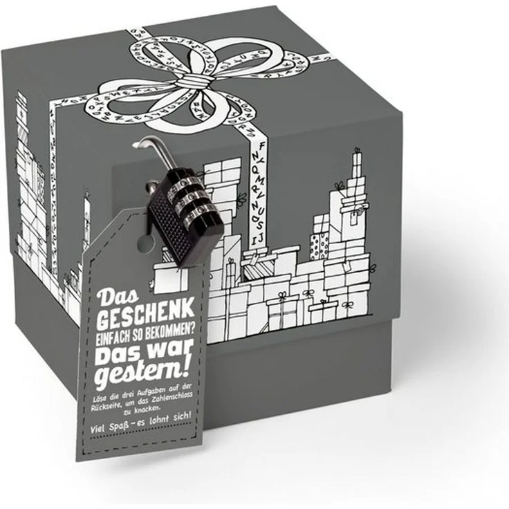 SURPRISA Geschenkbox Rätzel Geschenkbox, Geldgeschenk Verpackung & Gutschein Geschenk Box (inkl. 3-stelligem Zahlenschloss), Geschenkkarton Geschenkrätsel, 12,5 x 12,5 x 12,5 cm, grau – Bild 4