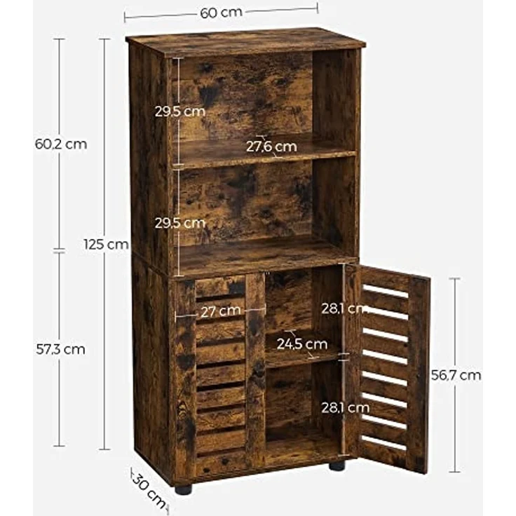 Vasagle Highboard, Bücherschrank mit Lamellentüren, 2 offene Fächer, Holz Braun, 60 x 30 x 125 cm – Bild 3