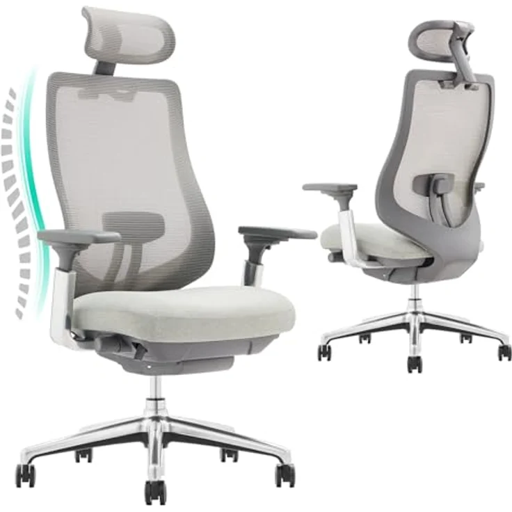 COLAMY XK Atlas Ergonomischer Bürostuhl, Netz-Chefsessel mit verstellbarem Kopfstütze, Computer Schreibtischstuhl Drehstuhl mit 4D-Armlehnen, Aluminium Basis/Schiebesitz/Neigungssperre, Hellgrau – Bild 2