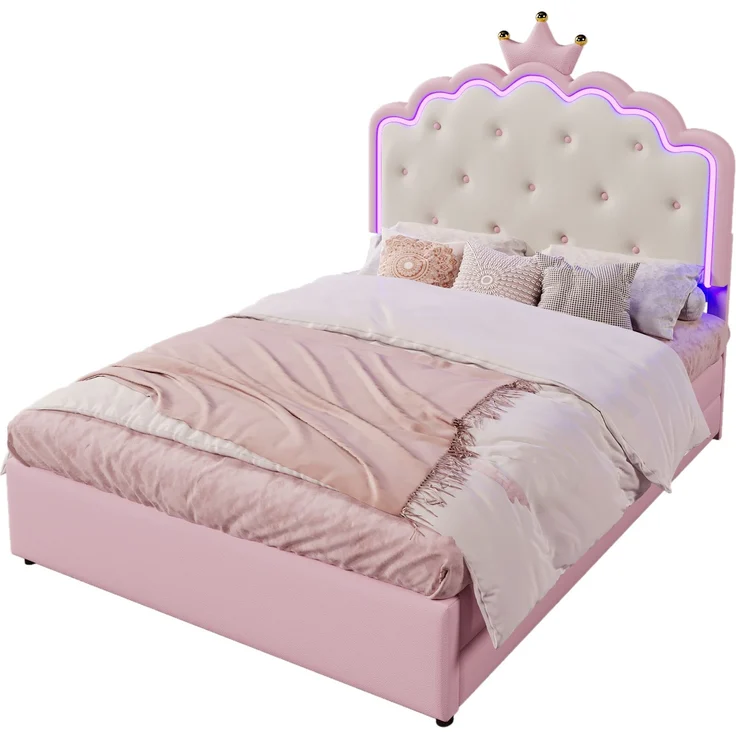Polsterbett, 140 x 200 cm, mit Lattenrost (ohne Matratze), Ambiente-Beleuchtung mit Fernbedienung, Kronprinzessinnenform, Ausziehbett, 2 Schubladen, Material PU, Rosa – Bild 8