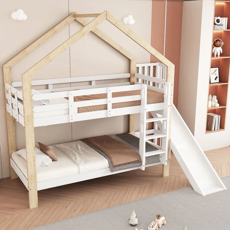 Haus-Etagenbett Kinder 90x200 Rutsche Leiter Kiefer Holz Spielbett,Weiß & Natur – Bild 4