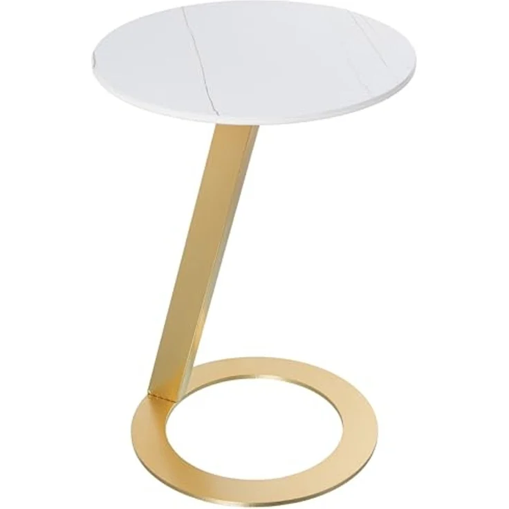 DRW Runder Beistelltisch aus Marmor und Metall in Weiß und Gold, 40x58 cm, 40x58 cm – Bild 1