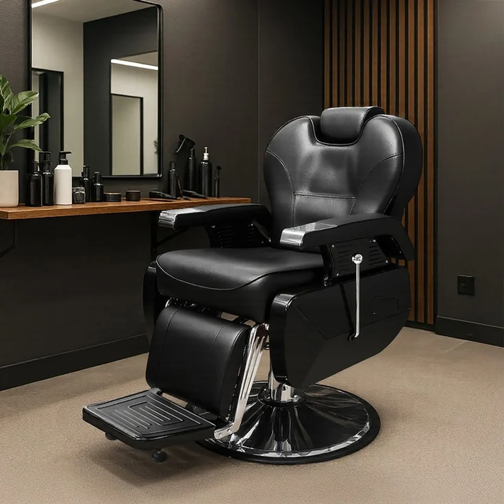 HOME NATURE WOHNKONZEPT Schwerlast Friseurstuhl hydraulisch, Barberstuhl höhenverstellbar, 360° drehbar, mit neigbarer Rückenlehne & Fußstütze, Kunstleder, Schwarz – Bild 6