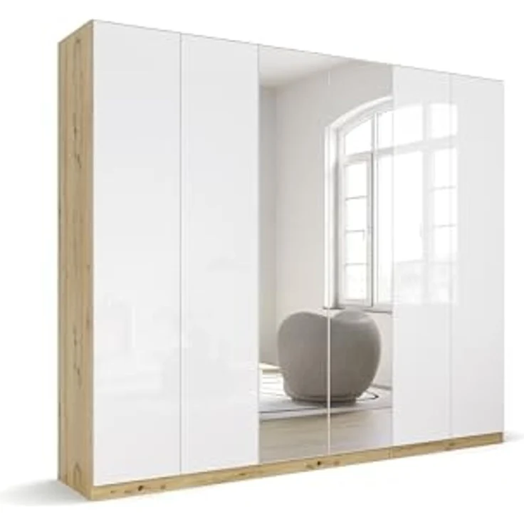 Rauch Möbel Alabama, Kleiderschrank für Schlafzimmer, Kinderzimmer, Wohnzimmer, Garderobe, Flur, 6-türig, Spiegel, mit Zubehör Classic, Farbe Weiß Hochglanz/Eiche Artisan, Holz, Breite 271 cm – Bild 1