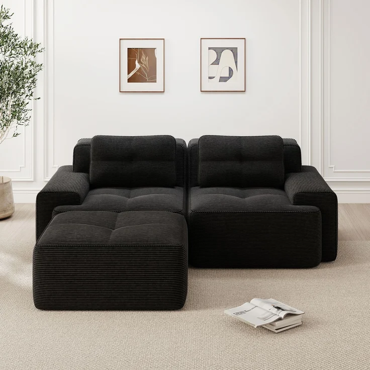 Boneless Modulsofa,Modernes L-förmiges Modulsofa für Wohnzimmer mit Tiefem Sitz bequemes Corduroy-Cloud-Sofa mit Ottoman Getuftetes Zweisitzer-Schlafsofa,Corduroy,Schwarz, – Bild 2