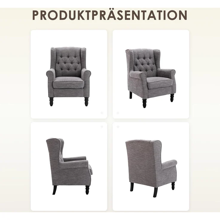 COLAMY Mid-Century Modern Sessel Wohnzimmer, Gepolsterter Wingback-Sessel mit Knopfsteppung, loungesessel Bezug aus Gewebe mit Massivholzbeinen für Wohnzimmer, Büro, Café - Dunkelgrau – Bild 5