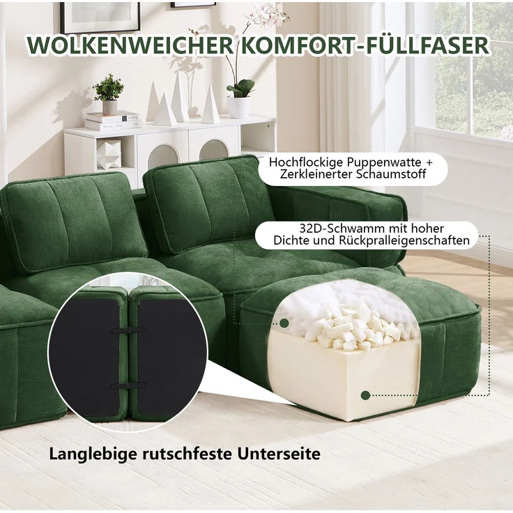 DESVIAE Sofa 3-Sitzer Grün aus Polyester – 271x67x93 cm – modular, rutschfeste Basis – Bild 5
