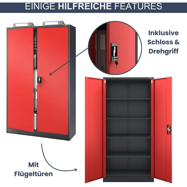 Aktenschrank abschließbar KADO - 5 Ebenen verstellbar, Flügeltüren | Metallschrank Werkstatt Mehrzweckschrank Büroschrank aus Stahl Werkzeugschrank, 185x115x40cm Anthrazit-Rot – Bild 5