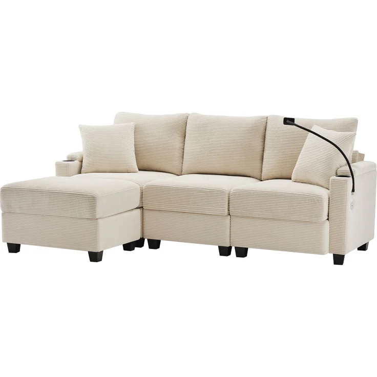 DESVIAE Sofa mit beweglichem Hocker und USB-Anschluss 213,5x87x139 cm Cord Beige – Bild 7