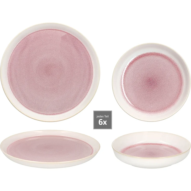 12tlg Tafelservice Reactive Glaze Paris 6 Pers. Speiseteller Suppenteller Pink – Bild 4