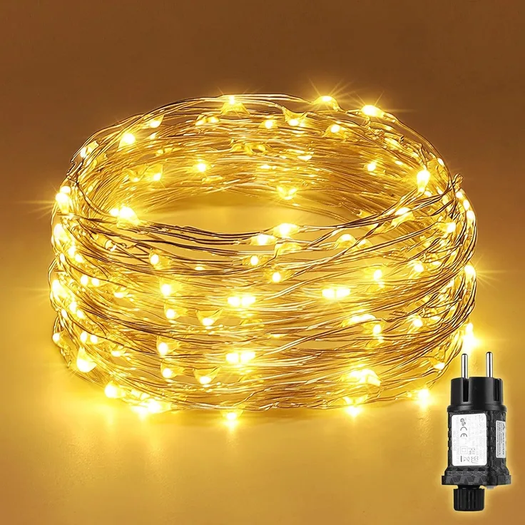 Salcar Lichterkette LED Kupfer Lichterkette Weihnachtsbeleuchtung für Innen & Außen Deko, 20m Silberfarbener-Kupferdraht, Netzteil, Warmweiß