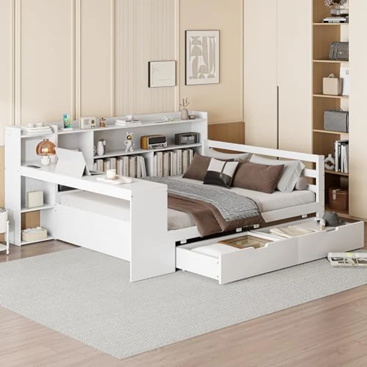 Ball & Cast Stauraumbett (140 * 200cm) mit Schublade, Schlafsofa mit Vielen Ablagefächern + Schreibtisch und USB-Anschlüssen, Einfach & Zeitsparend Montierbar, Weiß – Bild 3
