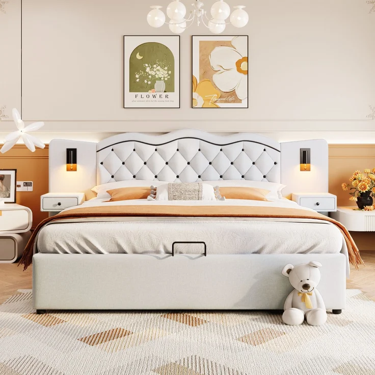 Polsterbett 180x200 cm, Doppelbett mit hydraulischem Hebemechanismus und Stauraum, integriertes Kopfteil mit Beleuchtung,Beige – Bild 4