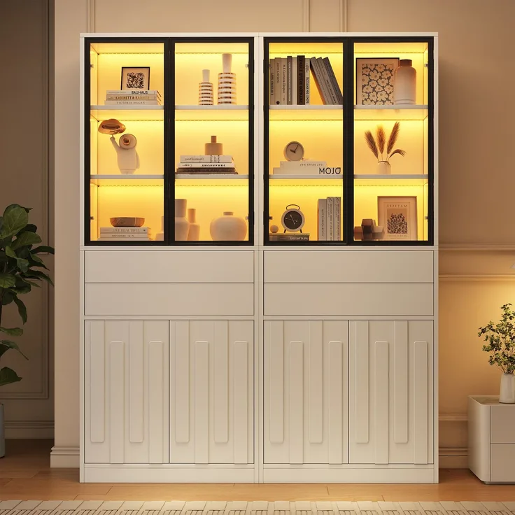 Zweierpackungen Vitrine Display Schrank 140×34×180cm aus Spanplatte, Bücherschrank mit 2 Glastüren, 2 Schublade, LED‑Beleuchtung,hohe Schränke, Weinschränke, vitrinen schrank für Wohnzimmer,Weiß--Weiß--140x34x180cm--YOUDENOVA