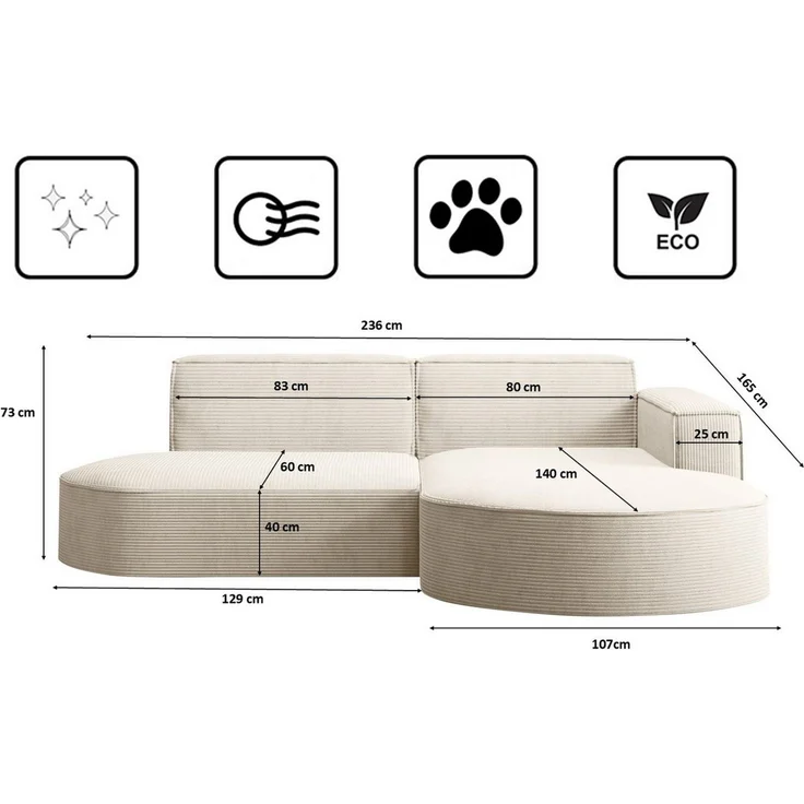 Kaiser Möbel Ecksofa Designer MODENA STUDIO L stoff Cord, Ecksofa, Cord Sofa, L-Form, Links/Rechts wählbar – Bild 2
