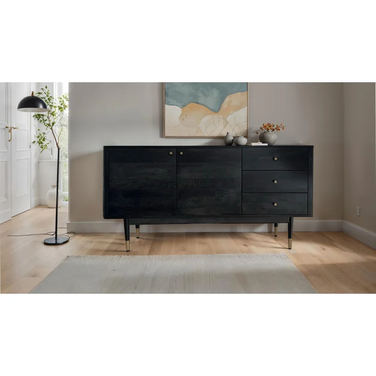 FineBuy Sideboard Akazie Massivholz 160 cm 2 Türen & 3 Schubladen - Massive Retro Kommode in Schwarz - Design Natur Anrichte - Handmade Industrial – Bild 2