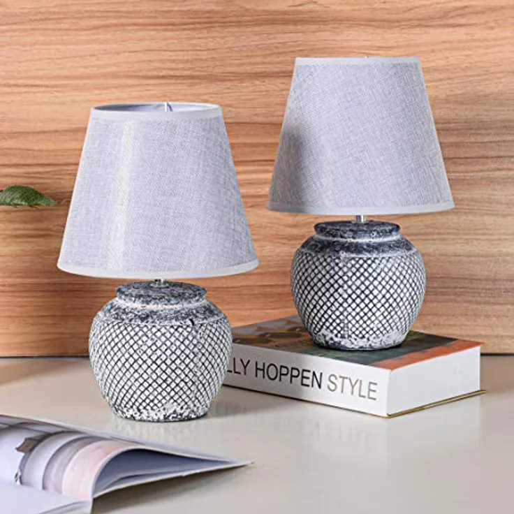 BRUBAKER 2er Set Tisch- oder Nachttischlampen, 30,5 cm Keramik Lampenfüße zweifarbig Grau mit hellgrauen Leinen Schirmen – Bild 3