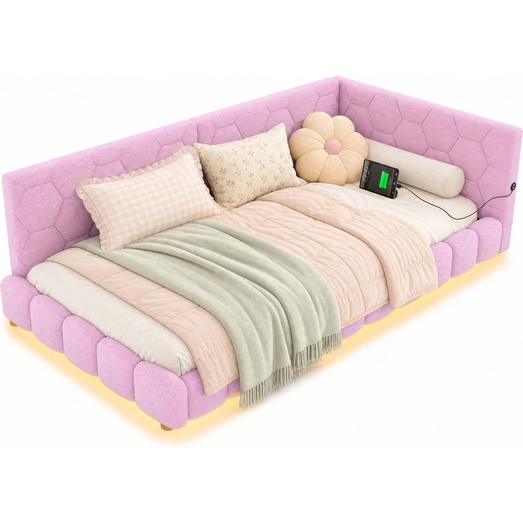 CHICFURN Bett aus Vliesimitat in Rosa 90x200 cm mit LED-Beleuchtung und USB- und Type-C-Anschlüssen – Bild 7